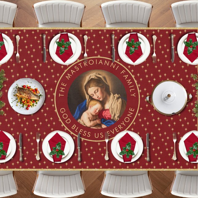 Madonna & Child Katholische Weihnachtsgeschenk Tischdecke (Religious Christmas tablecloth with Madonna and Child in red and gold)