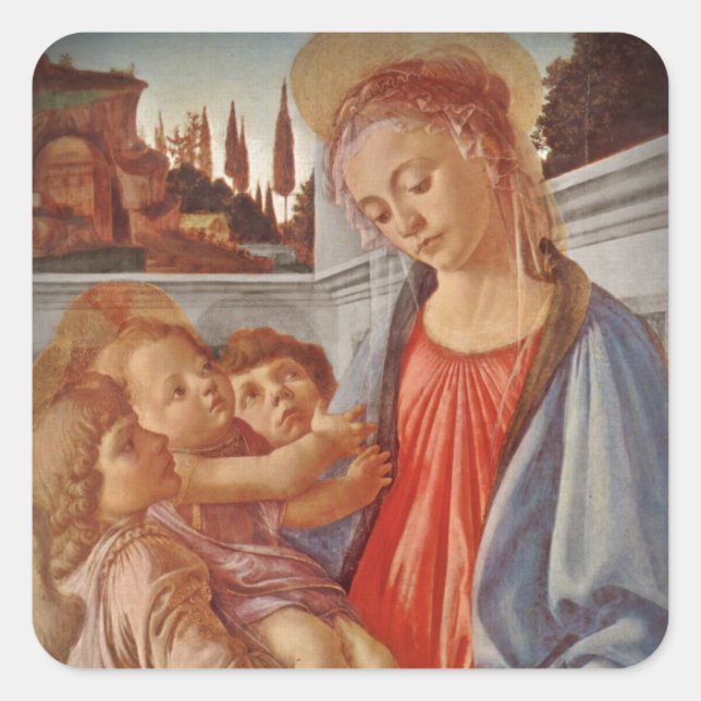 Madonna Christ Kind und Zwei Engel Quadratischer Aufkleber (Vorderseite)
