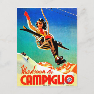 Madonna di Campiglio, Frau auf dem Skilift, Vintag Postkarte
