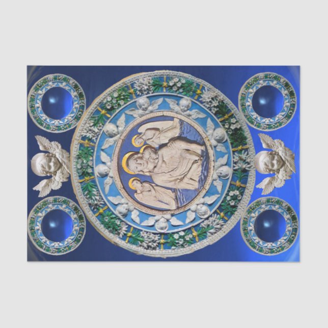 MADONNA, KIND, ANGELS NATIVITY FLORAL CROWN Blue Seidenpapier (Vorderseite)