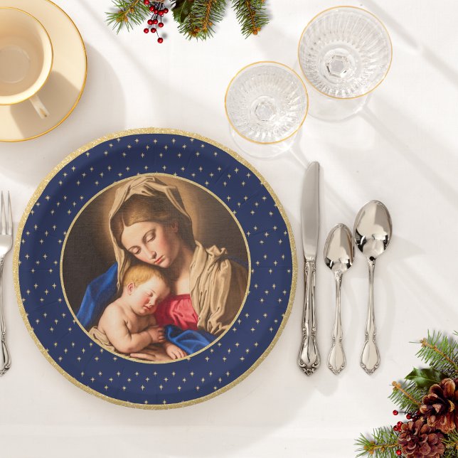 Madonna & Kind Traditionelle religiöse Weihnachten Pappteller (Religious Christmas plate mockup with Madonna and Child in blue and gold for Catholics & Christians.)