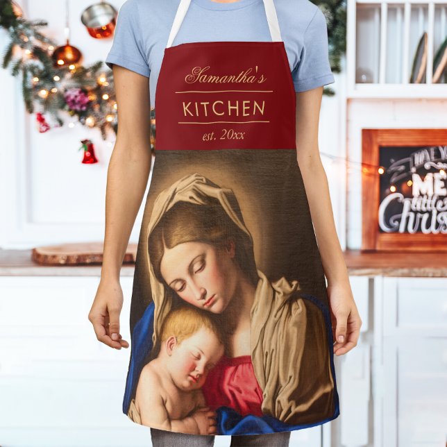 Madonna & Kind Traditionelle religiöse Weihnachten Schürze (Religious Christmas apron with Madonna and Child in red and gold for Catholics & Christians.)