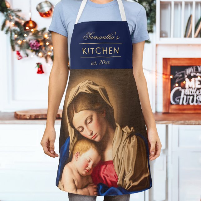 Madonna & Kind Traditionelle religiöse Weihnachten Schürze (Religious Christmas apron with Madonna and Child in blue and gold for Catholics and Christians.)