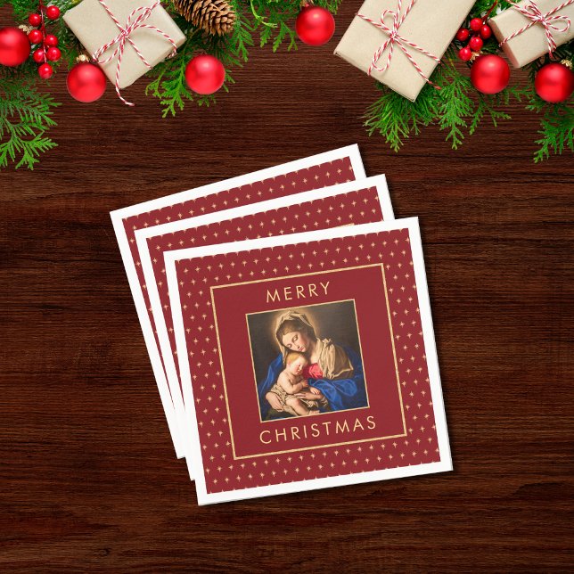 Madonna & Kind Traditionelle religiöse Weihnachten Serviette (Religious Christian Christmas cocktail napkins with Madonna and Child in red and gold for )