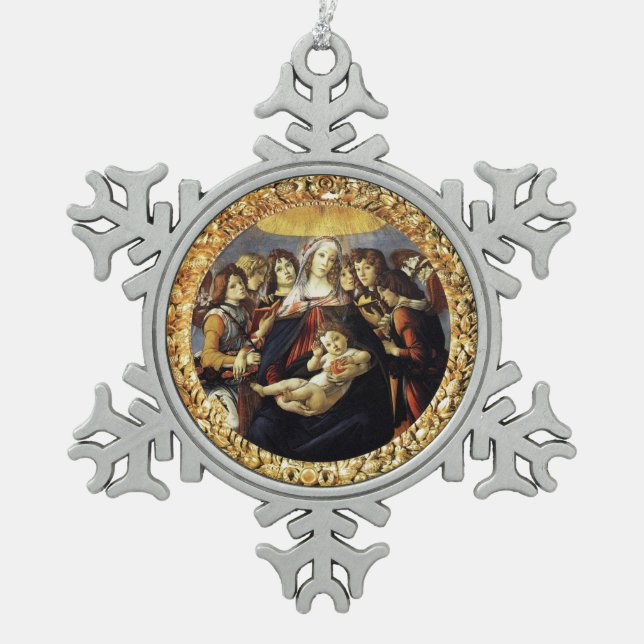 Madonna mit dem Granatapfel Schneeflocken Zinn-Ornament (Vorderseite)
