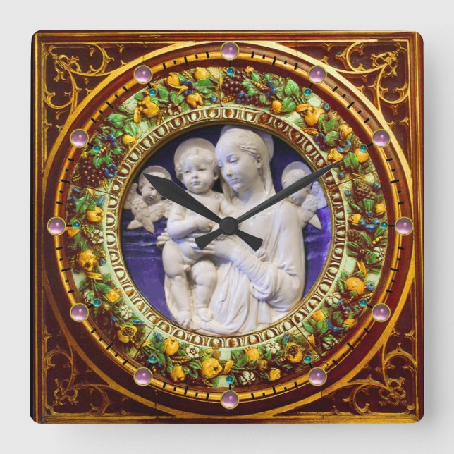 MADONNA MIT KIND, ANGELN FLORALLE RENAISSANCE KROW QUADRATISCHE WANDUHR (Vorderseite)