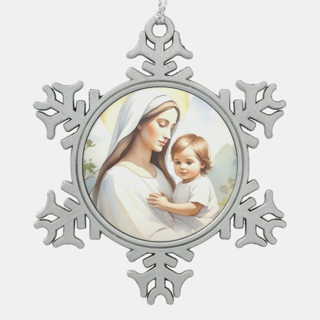 Madonna mit Kind Jesus Schneeflocken Zinn-Ornament (Vorderseite)