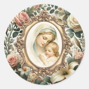 Madonna mit Kind mit Vintagem Blumenrahmen Runder Aufkleber