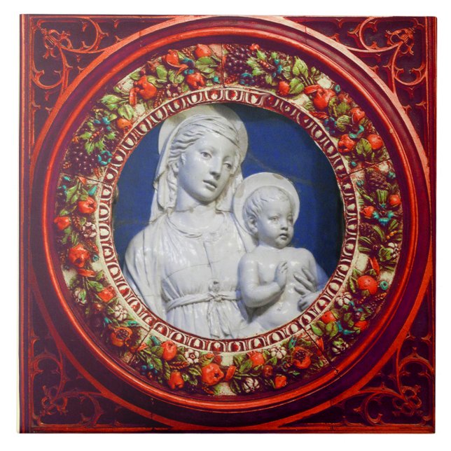 MADONNA MIT KIND, RED RENAISSANCE FLORAL CROWN FLIESE (Vorderseite)