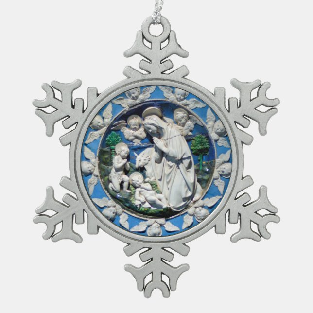 MADONNA MIT KIND UND ANGELN SCHNEEFLOCKEN Zinn-Ornament (Vorderseite)
