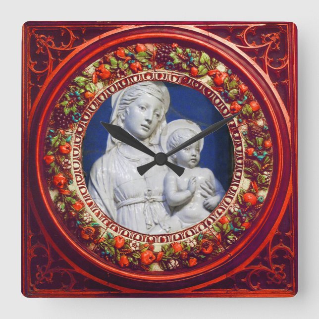 MADONNA MIT KINDERN ROT FLORAL RENAISSANCE CROWN QUADRATISCHE WANDUHR (Vorderseite)