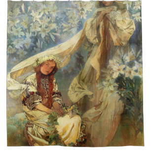 Madonna Of The Lilies 1905 - Alphonse Mucha Duschvorhang