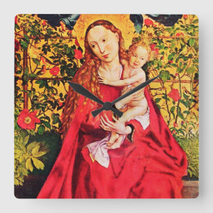 MADONNA OF THE ROSE BOWER,PINK FUCHSIA GEMS, White Quadratische Wanduhr