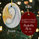 Madonna und Baby's First Christmas Ornament<br><div class="desc">Diese Madonna und Kinderschmuck kann personalisiert für Ihren Anlass. Die Vorderseite ist mit einem inspirierenden Aquarellbild gestaltet,  und die Hintergrundfarbe mit Text kann für Neugeborene auf Anzug-Urlaubsgeschenke oder Geburtstage geändert werden.</div>