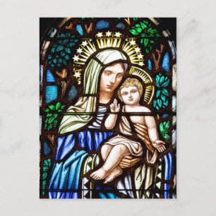 Madonna und Kind - buntes Glasfenster Postkarte