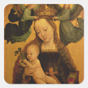 Madonna und Kind krönten durch zwei Engel, c.1520 Quadratischer Aufkleber