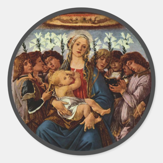 Madonna und Kind mit acht Engeln von Botticelli Runder Aufkleber (Vorderseite)
