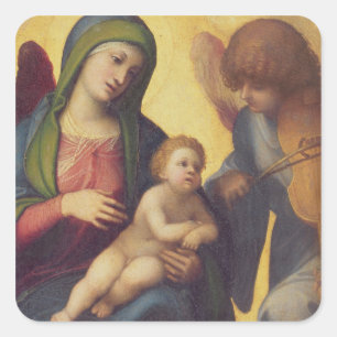 Madonna und Kind mit Engeln c.1510-15 (Öl auf PA Quadratischer Aufkleber