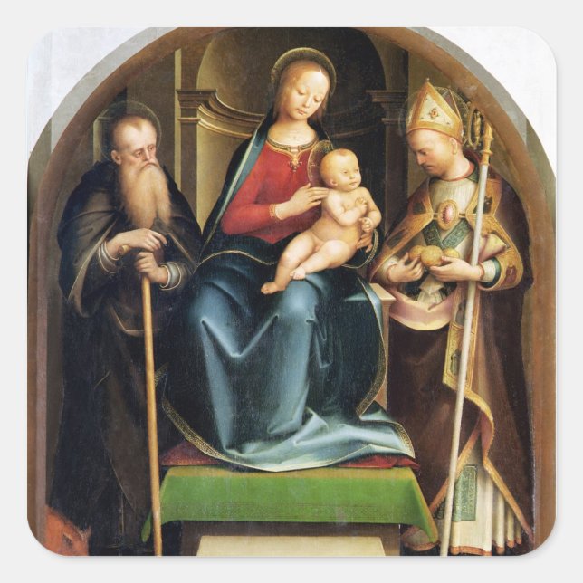 Madonna und Kind mit St. Anthony Abbot und St. N Quadratischer Aufkleber (Vorderseite)