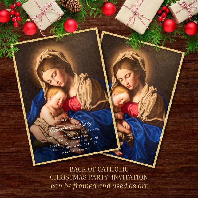 Madonna und Kind Religiöses Weihnachtsfest Party Einladung (Religious Christmas party invitation with Madonna and Child in red and gold for Catholics)