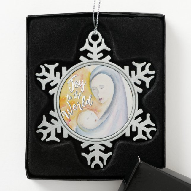 Madonna und Kind Wasserfarbenfreude zur Welt Schneeflocken Zinn-Ornament (Box)