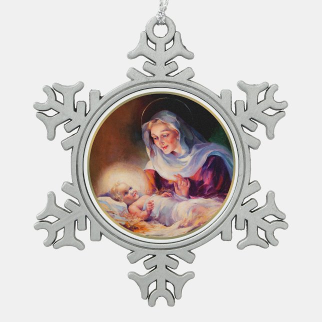 Madonna und Kind. Weihnachten Schneeflocken Zinn-Ornament (Vorderseite)