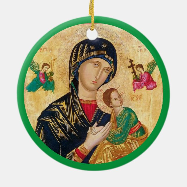 Madonna und Kind Weihnachten und grüner Rahmen Keramik Ornament (Hinten)