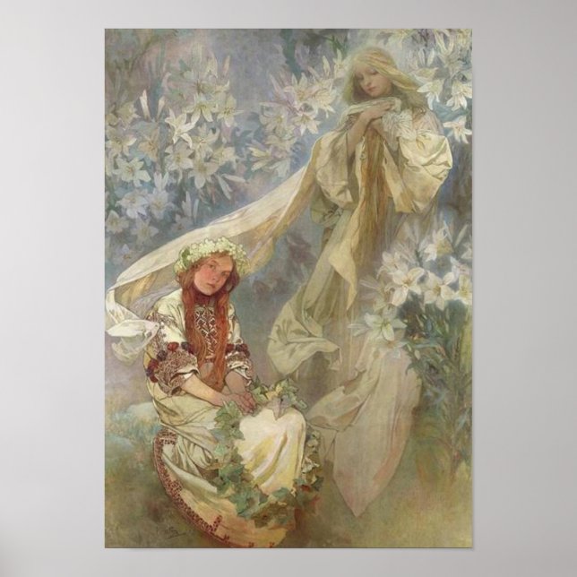 Madonna von Lilies von Alphonse Mucha Poster (Vorne)