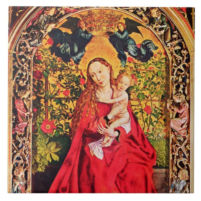 MADONNA VON ROSE BOWER MIT ANGELN KERAMIK TILE FLIESE (Vorderseite)