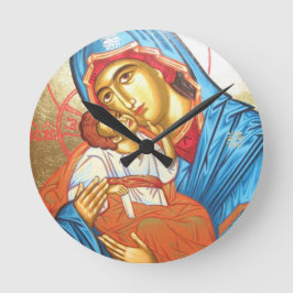 Madonna with Jesus Byzantine Religious Icon gold Runde Wanduhr