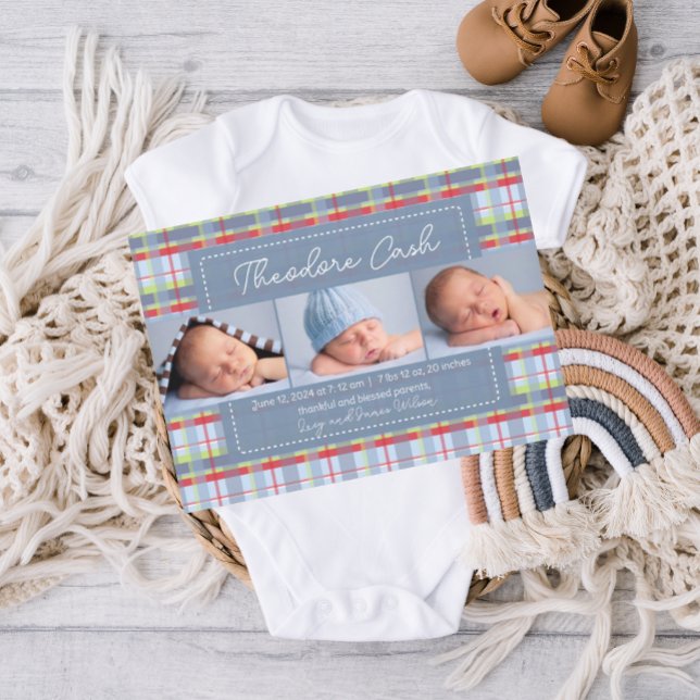 Madras Kariert Baby Birth Ankündigung (madras plaid, baby announcement template, birth announcement, boy birth announcement, traditional)