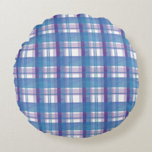 Madras-Karo Blau und Violett Rundes Kissen