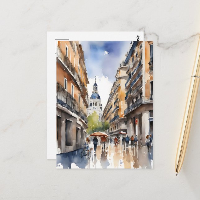 Madrid Aquarellkunst Postkarte (Vorderseite/Rückseite Beispiel)