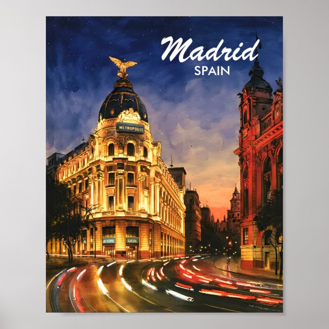 Madrid Spain Gran Via Night Watercolor Cityscape Poster (Vorne)