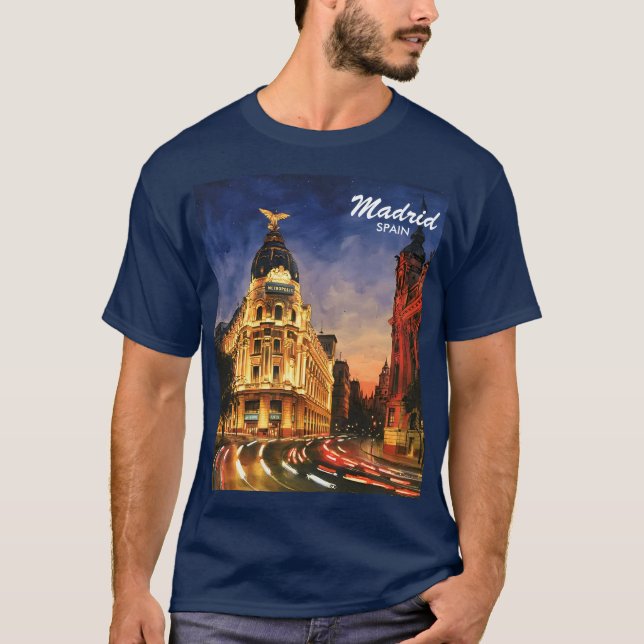 Madrid Spain Gran Via Night Watercolor Cityscape T-Shirt (Vorderseite)