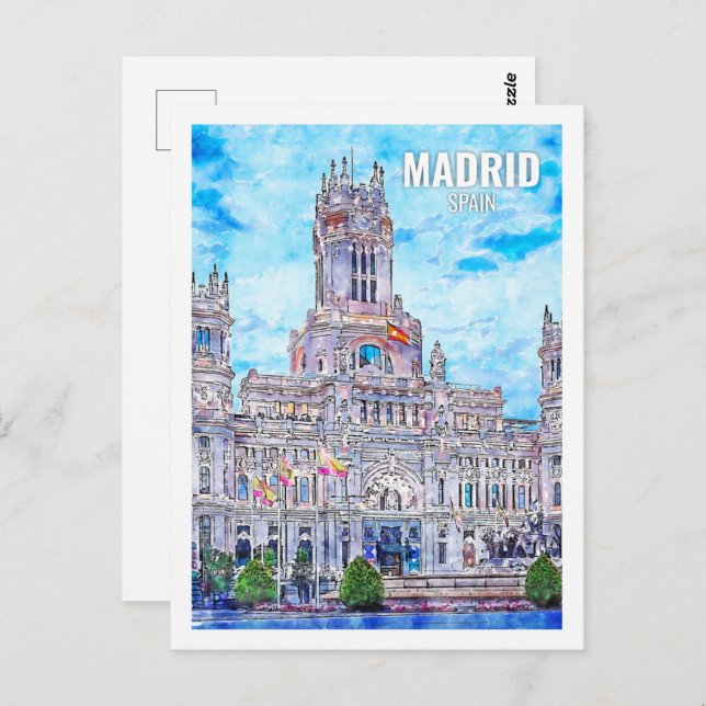 Madrid Spanien Fantastischer Ausflugsort Watercolo Postkarte (Vorne/Hinten)