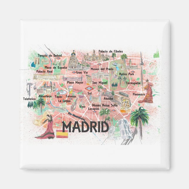 Madrid Spanien Illustriert Karte mit Hauptverkehrs Magnet (Vorne)