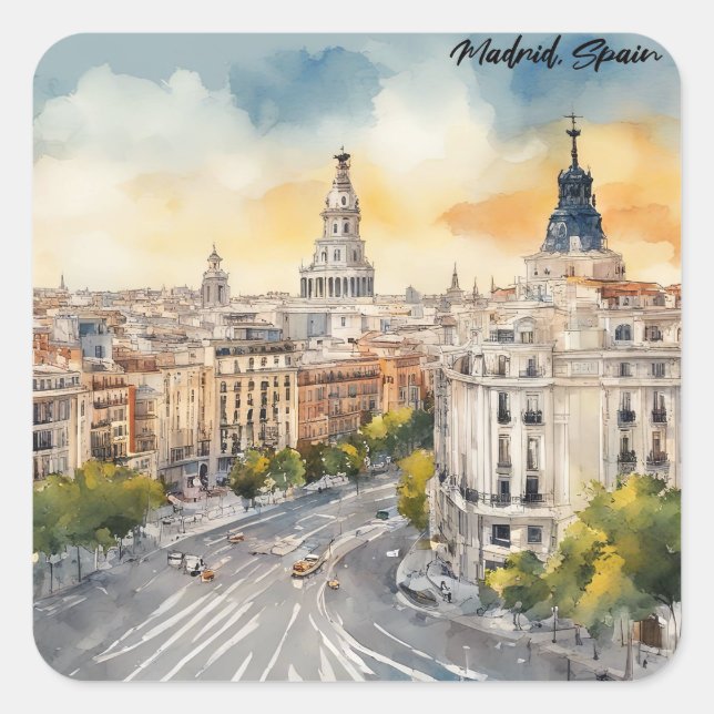 Madrid Spanien Stadt Silhouette Aquarellbilder Quadratischer Aufkleber (Vorderseite)
