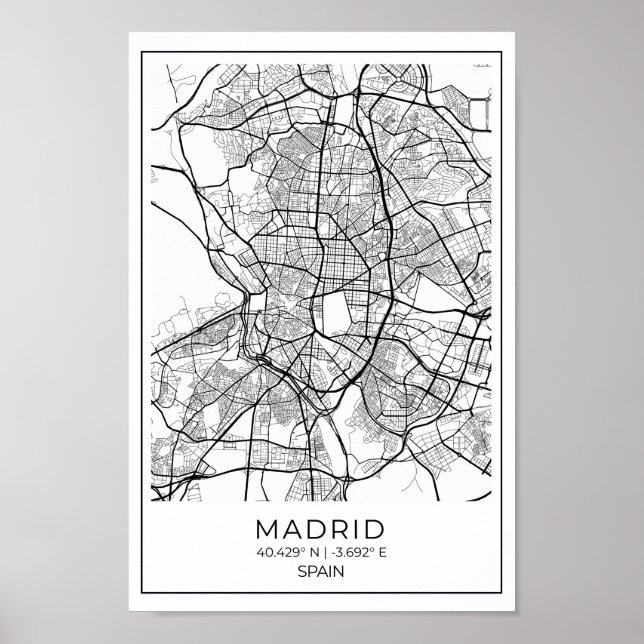 Madrid Weiße Karte Poster - Madrid Mauer Kunst (Vorne)