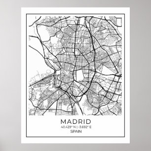 Madrid White Map Poster - Madrid Mauer Art Deco