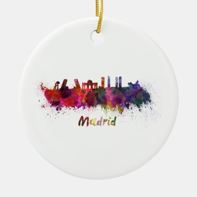 Madrider Skyline in Aquarell Keramik Ornament (Vorne)