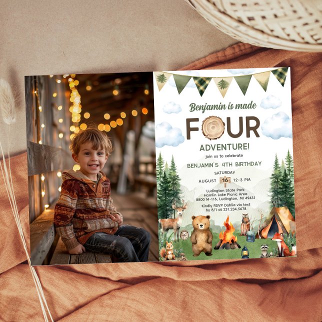 Maed Four Adventure Camping 4. Geburtstag Foto Einladung (Made Four Adventure Camping 4th Birthday Photo Invitation)