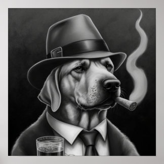 Mafia Hund in Graustufen mit Top Hat und Cigar Poster