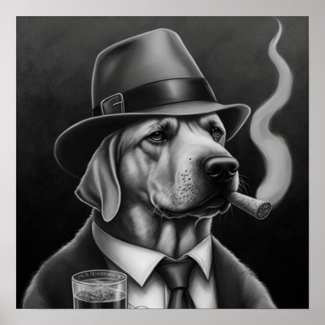 Mafia Hund in Graustufen mit Top Hat und Cigar Poster (Vorne)