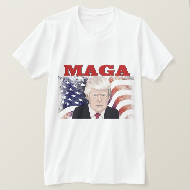MAGA American Flag Trump roter Text T-Shirt (Design vorne)