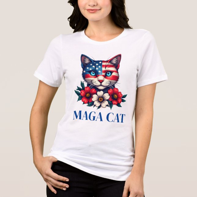 MAGA Cat Trump American Flag und Blume Patriot Tri-Blend Shirt (Vorderseite)