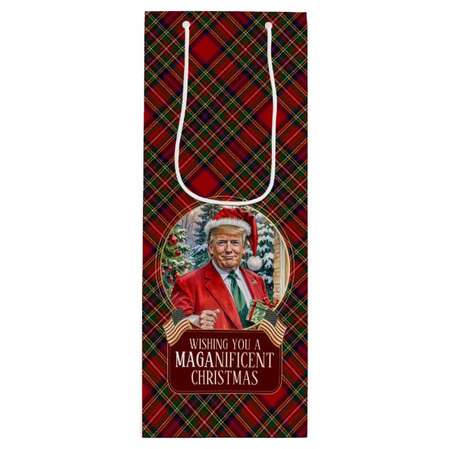 MAGA Christmas Tartan Kariert Santa Trump Geschenktüte Für Weinflaschen (Vorderseite)