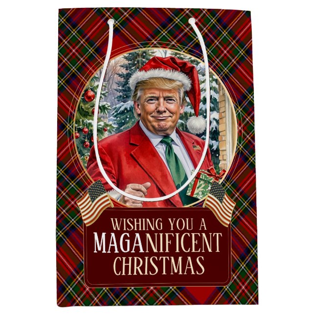 MAGA Christmas Tartan Kariert Santa Trump Mittlere Geschenktüte (Vorderseite)