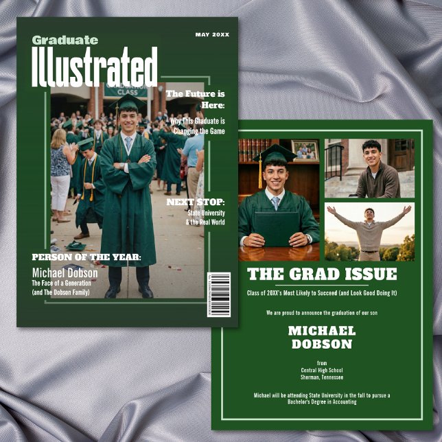 Magazin Vier Foto Grüne Abschlussanzeige Einladung (Magazine Four Photo Green Graduation Announcement)