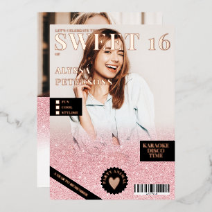 Magazine 2 Fotos rosa Rosa Gold Glitzer Sweet 16 Folieneinladung